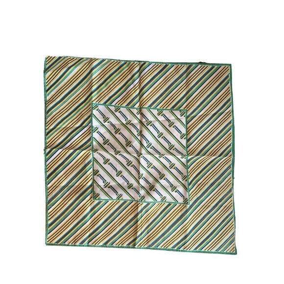 Vintage Green Yellow White Square Geometric Strip Mod Polyester Scarf - Picture 1 of 5